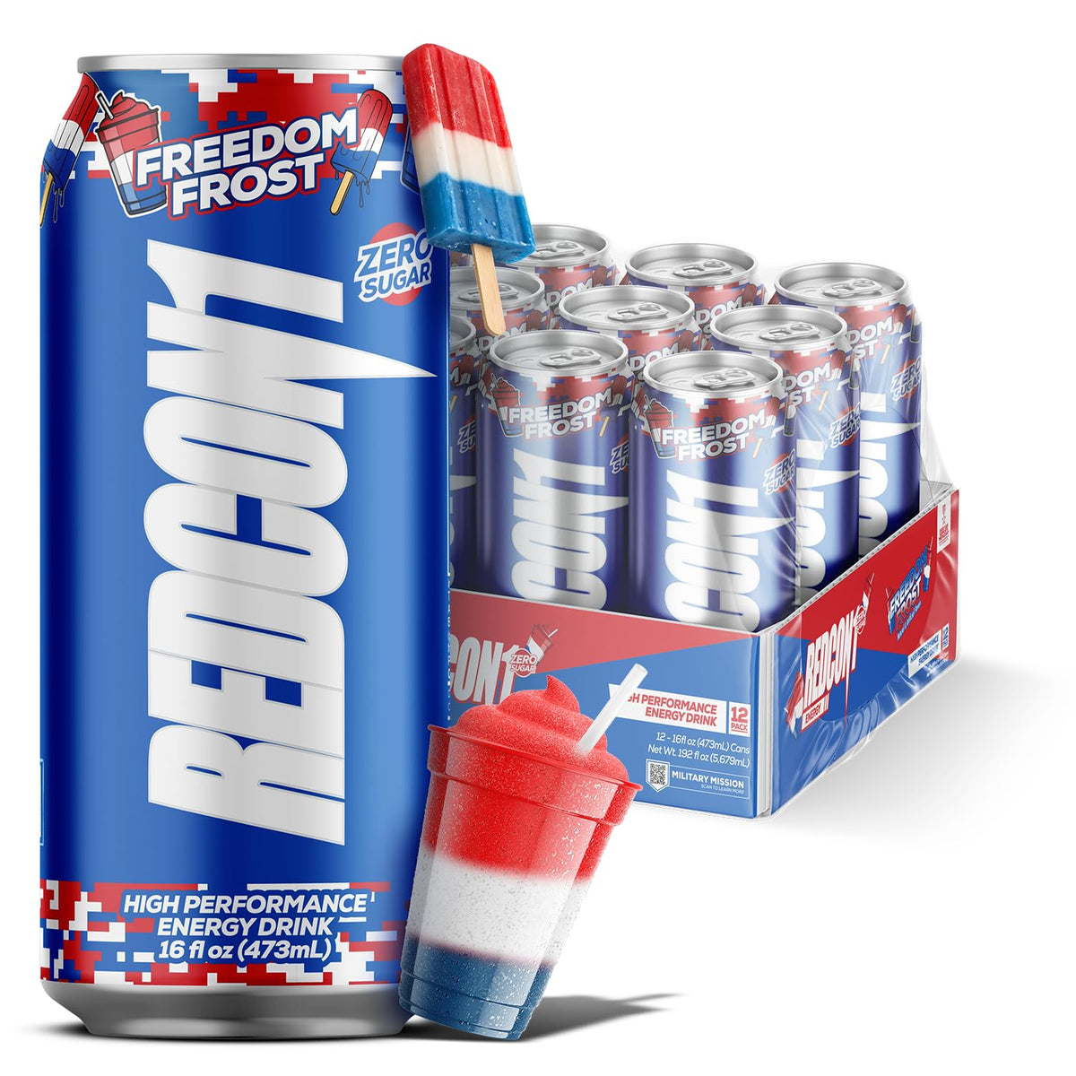 REDCON1 Energy Freedom Frost can front view highlighting zero sugar energy