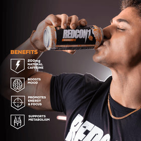 REDCON1 Energy Orange Cream glass splash conveys refreshing taste for focus.