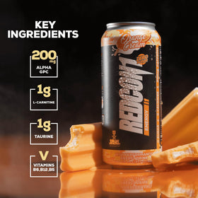 REDCON1 Energy Orange Cream gym bottle in use signals workout-ready focus.