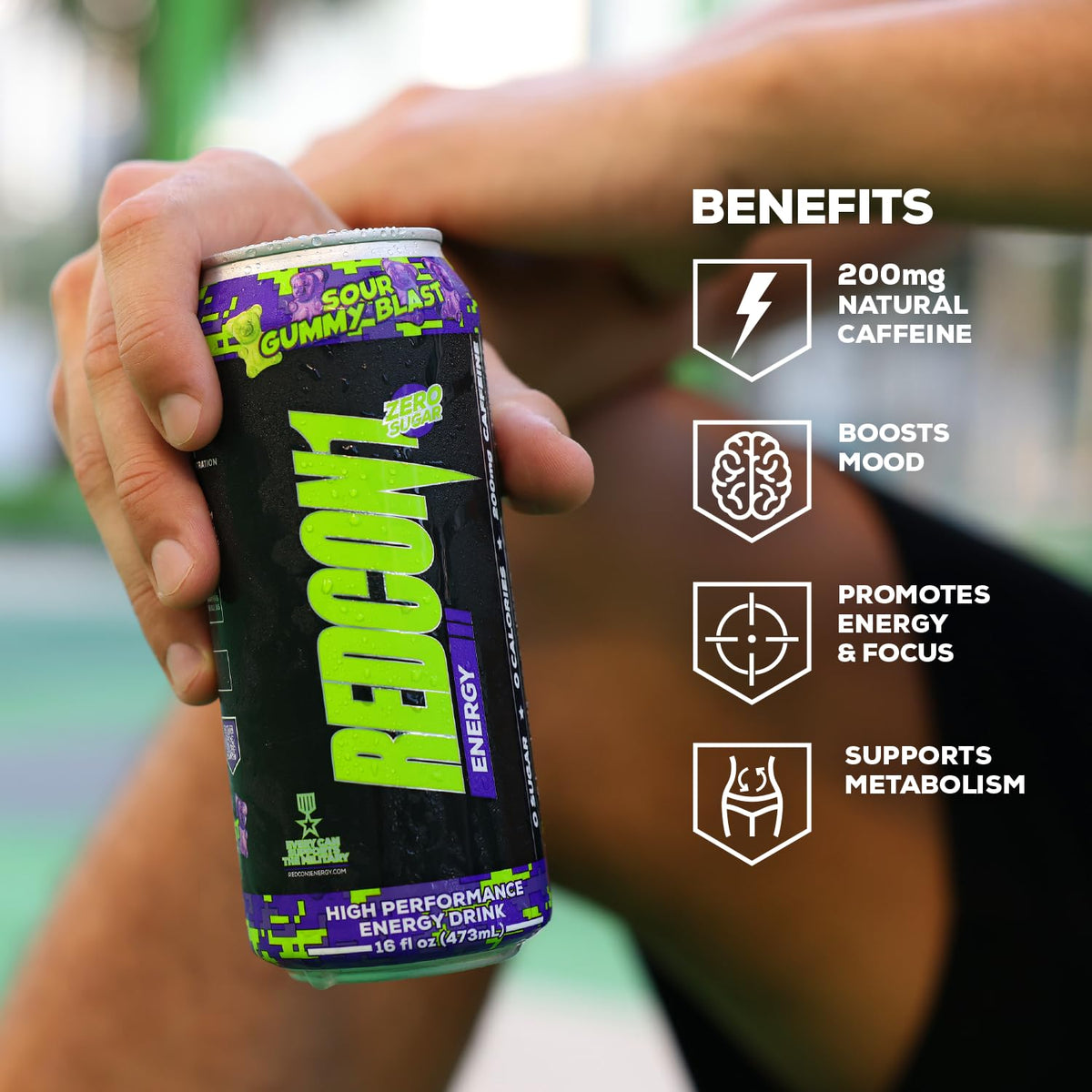 REDCON1 Energy Sour Gummy Blast ice-cold can conveys refreshing energy boost.