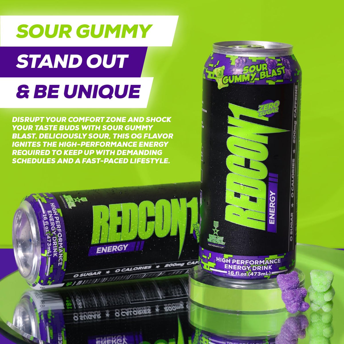 REDCON1 Energy Sour Gummy Blast label highlights Alpha GPC and B vitamins for focus.