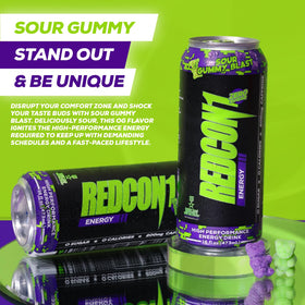 REDCON1 Energy Sour Gummy Blast label highlights Alpha GPC and B vitamins for focus.