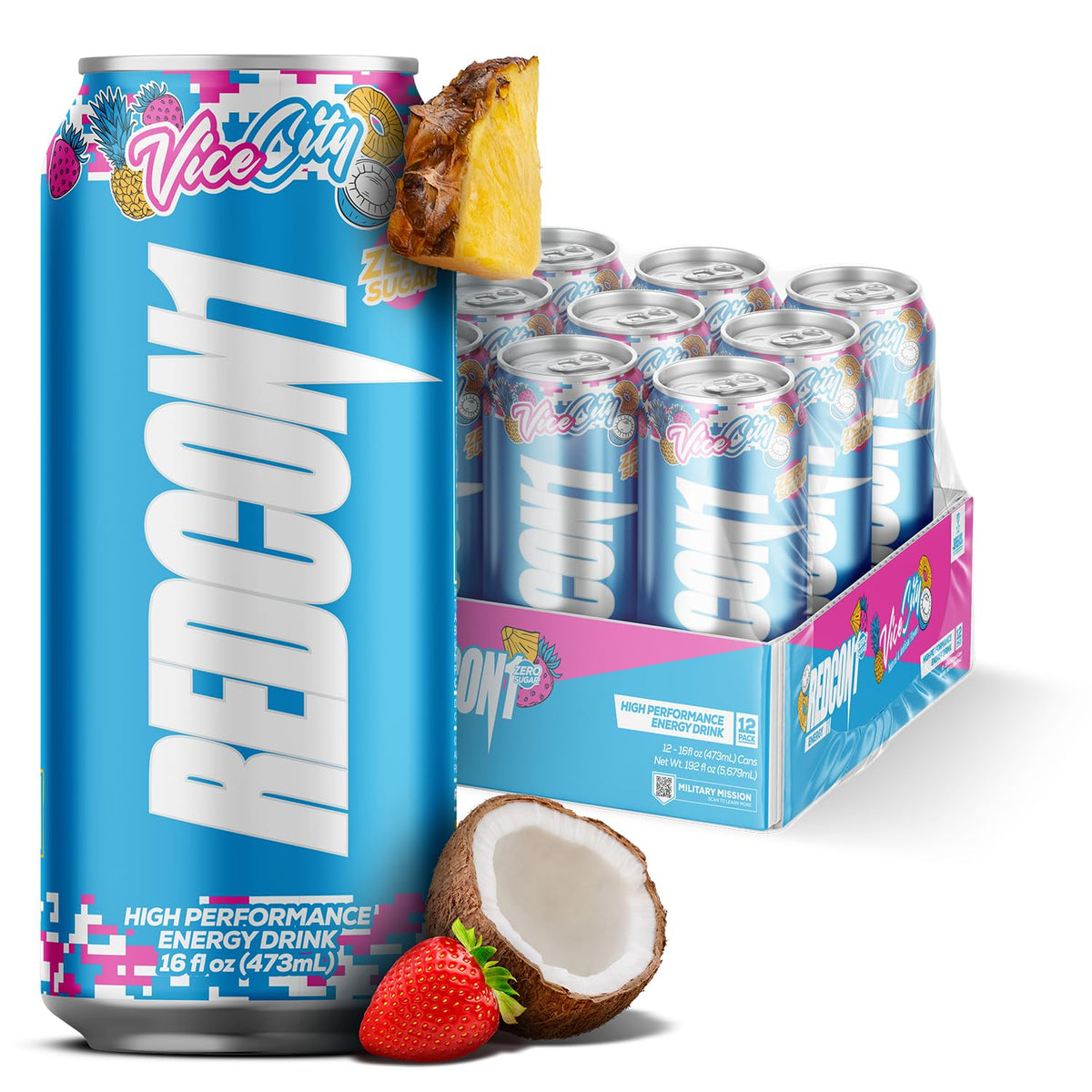REDCON1 Energy Vice City bottle showcases zero sugar energy for focused daily performance.