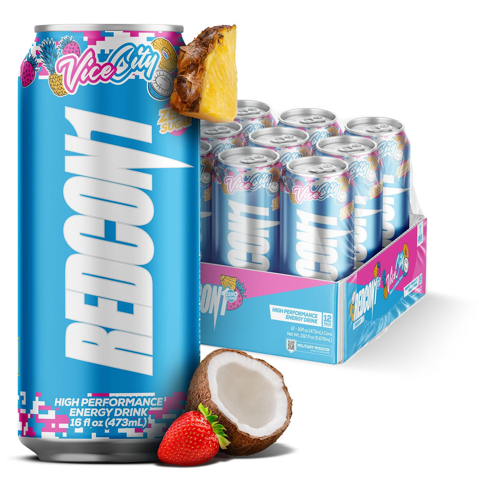 REDCON1 Energy Vice City bottle showcases zero sugar energy for focused daily performance.
