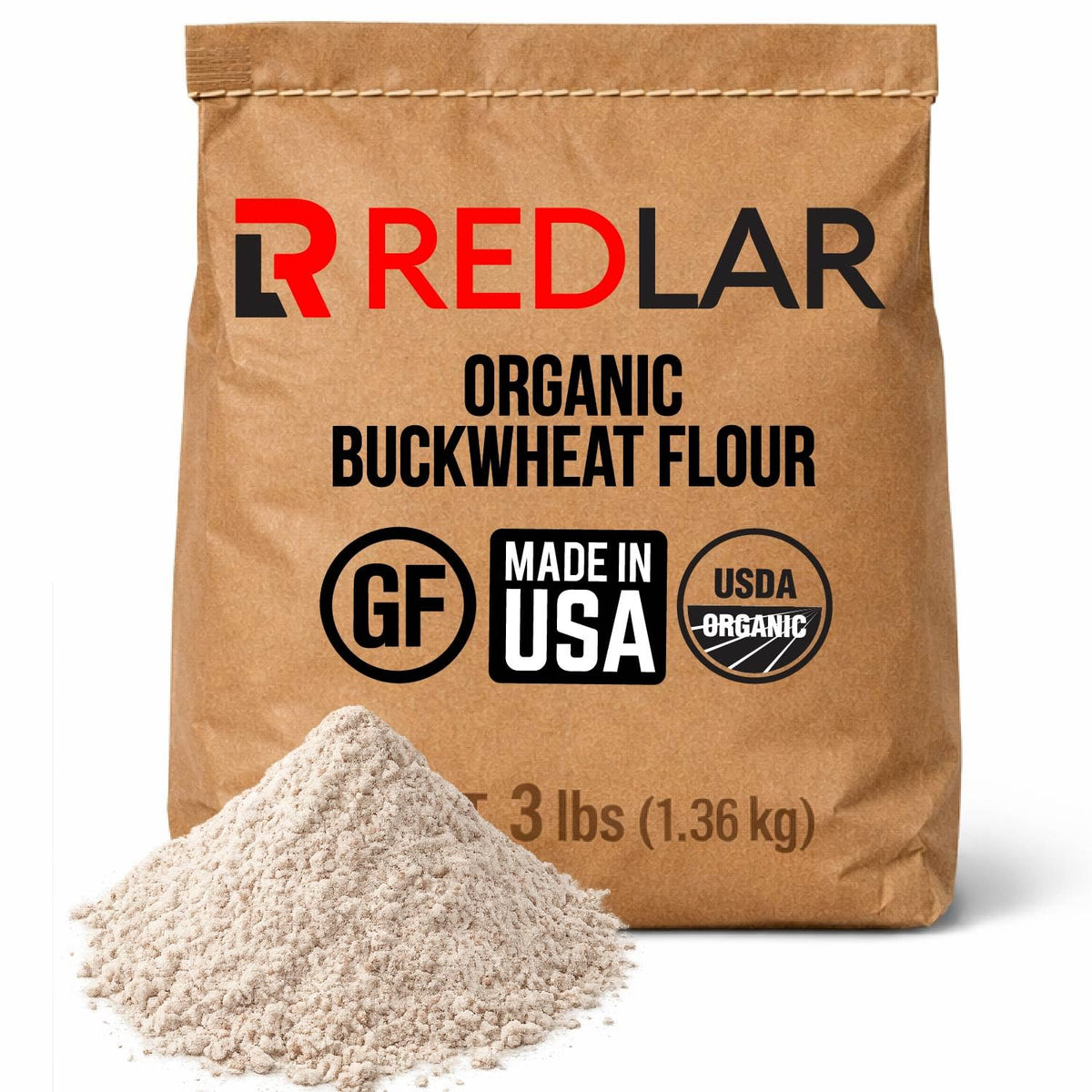 Redlar buckwheat flour bag for gluten free baking versatility.