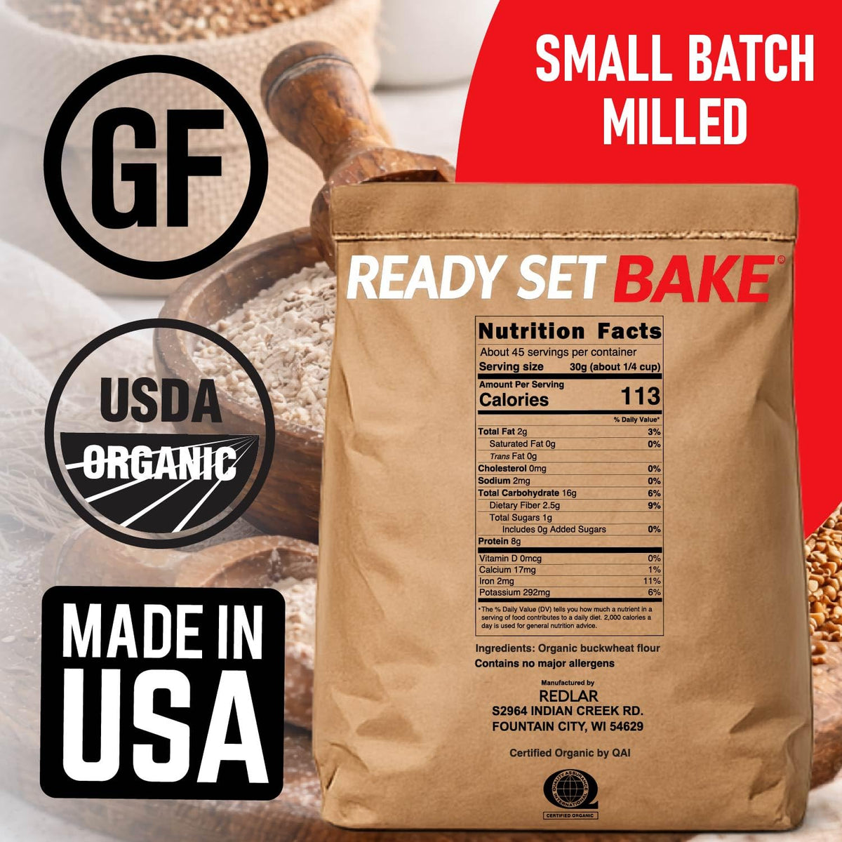 Close-up texture of Redlar buckwheat flour for smoother batters.