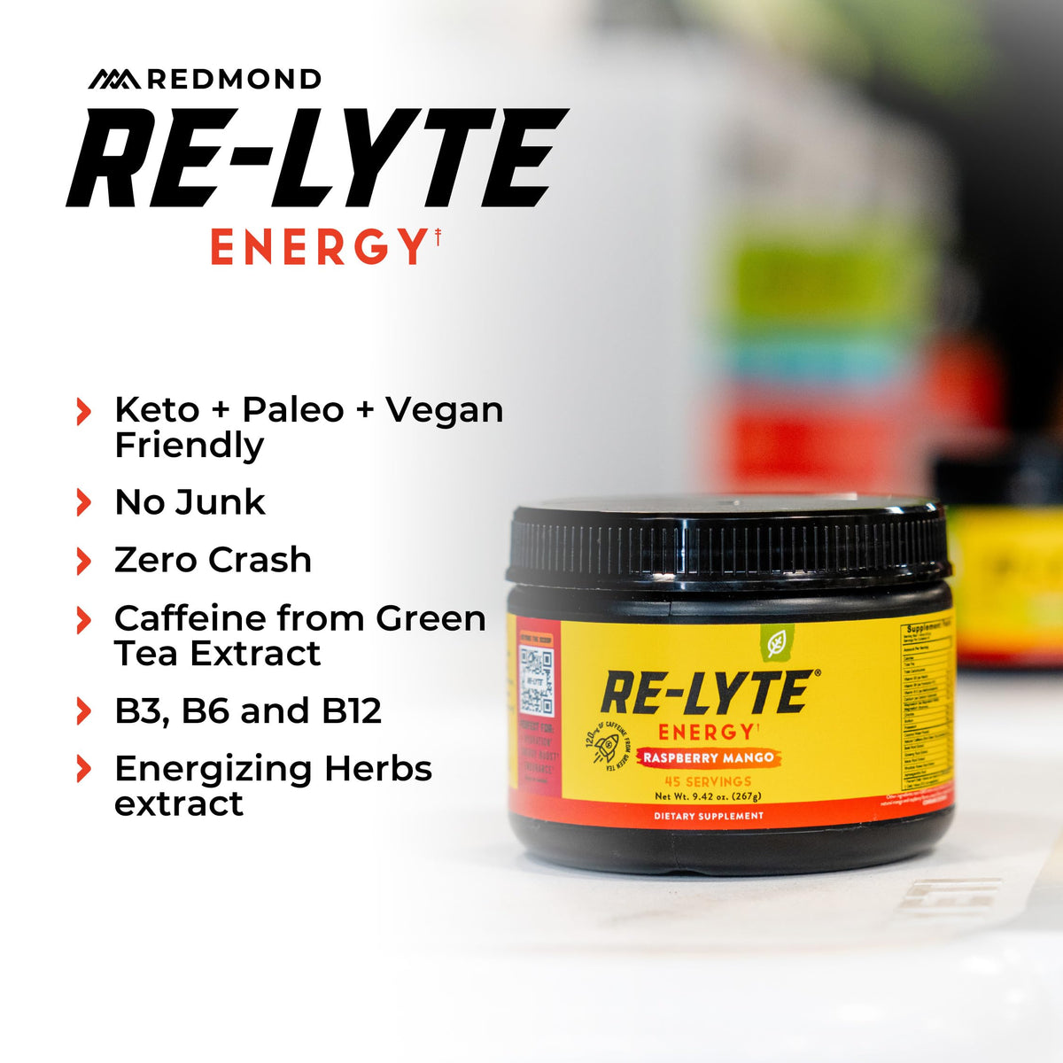 Close-up of the Redmond Re-Lyte Energy Raspberry Mango label signaling natural ingredients.