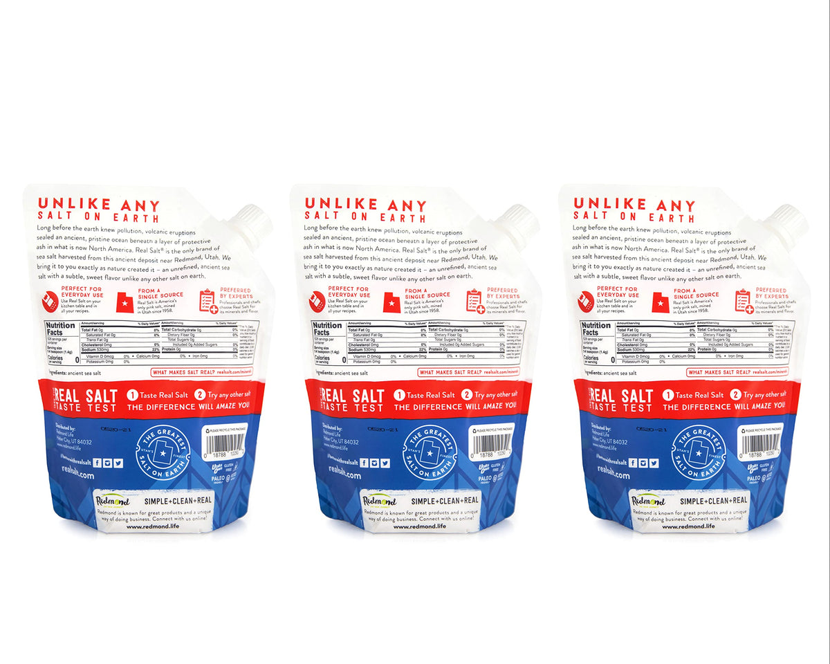 Redmond Real Salt 3-pack pouch display for pantry storage and easy refills.