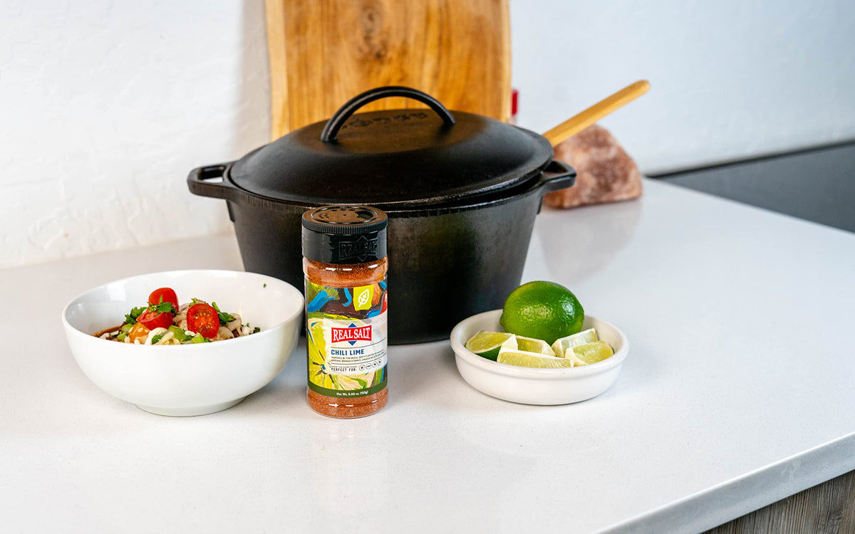 Redmond Real Salt Chili Lime spice blend in a kitchen jar