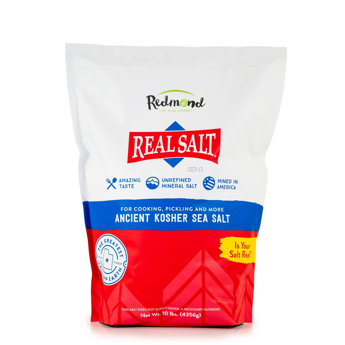 Redmond Real Salt Kosher 10lb bag with unrefined, mineral-rich seasoning.