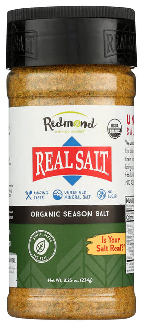 Redmond Real Salt Seasoning bottle front showing unrefined minerals for everyday flavor