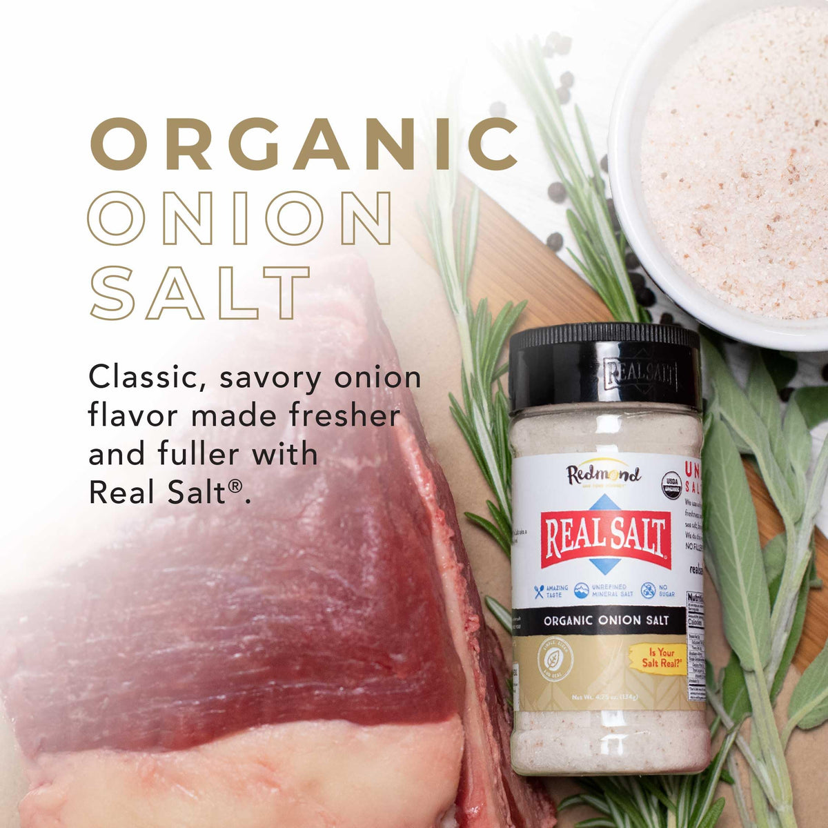REDMOND Organic Onion Salt highlights organic onion bits for savory meat and veggie dishes