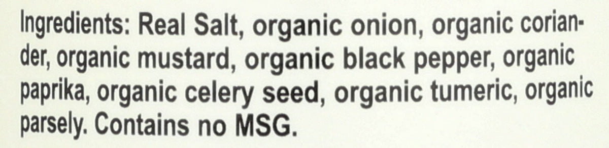 Redmond Real Salt Seasoning packaging label emphasizes organic herbs and clean ingredients