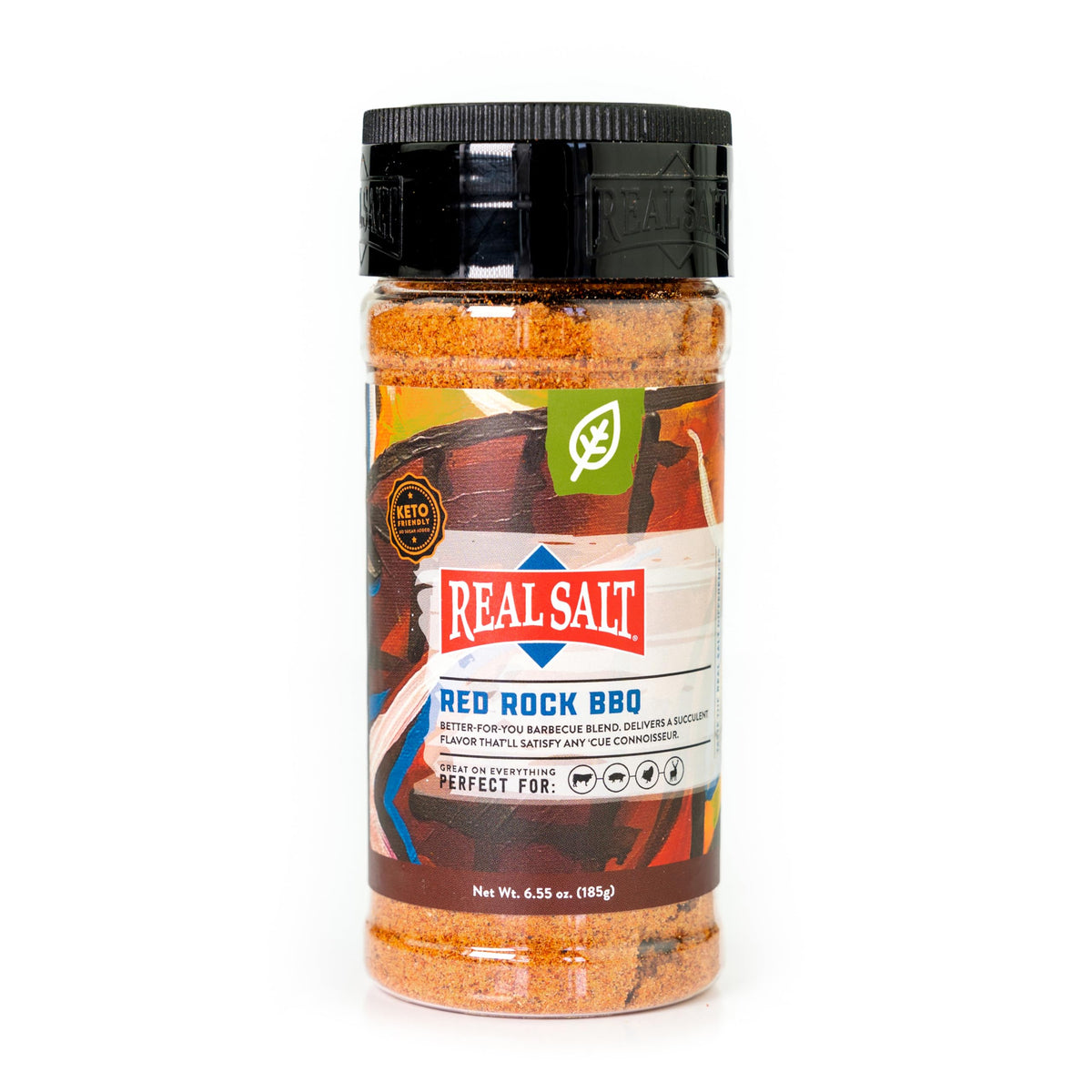 Redmond Real Salt Red Rock BBQ bottle shows unrefined minerals for balanced flavor.