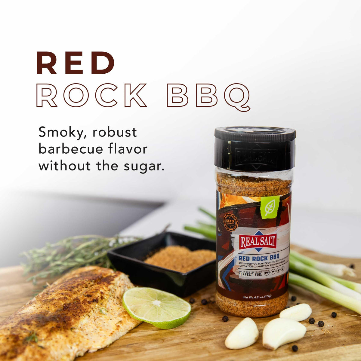 Redmond Real Salt Red Rock BBQ seasoning poured for clean, sugar-free smoky flavor.