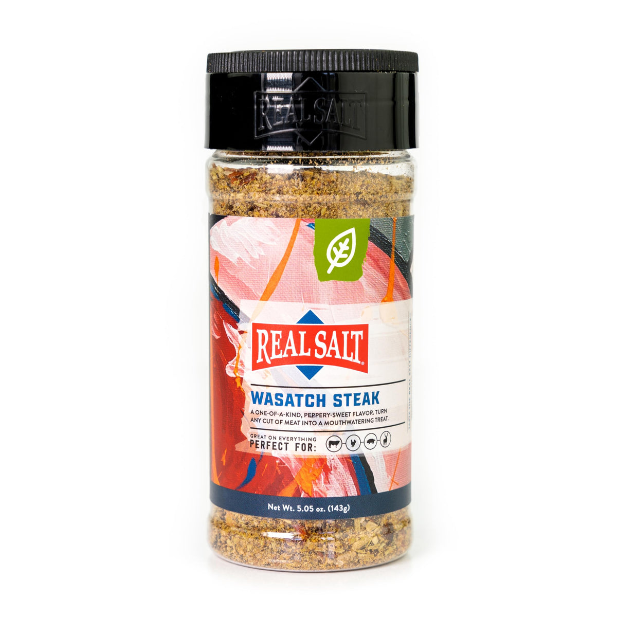 Redmond Real Salt Wasatch Steak bottle pour showing easy seasoning for juicy steaks.