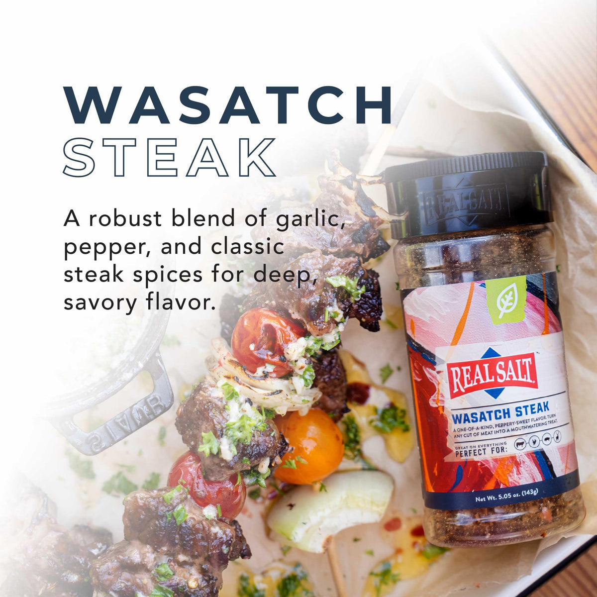 Redmond Real Salt Wasatch Steak spice blend boosts savory flavor on grilled meats.