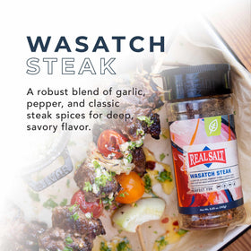 Redmond Real Salt Wasatch Steak spice blend boosts savory flavor on grilled meats.