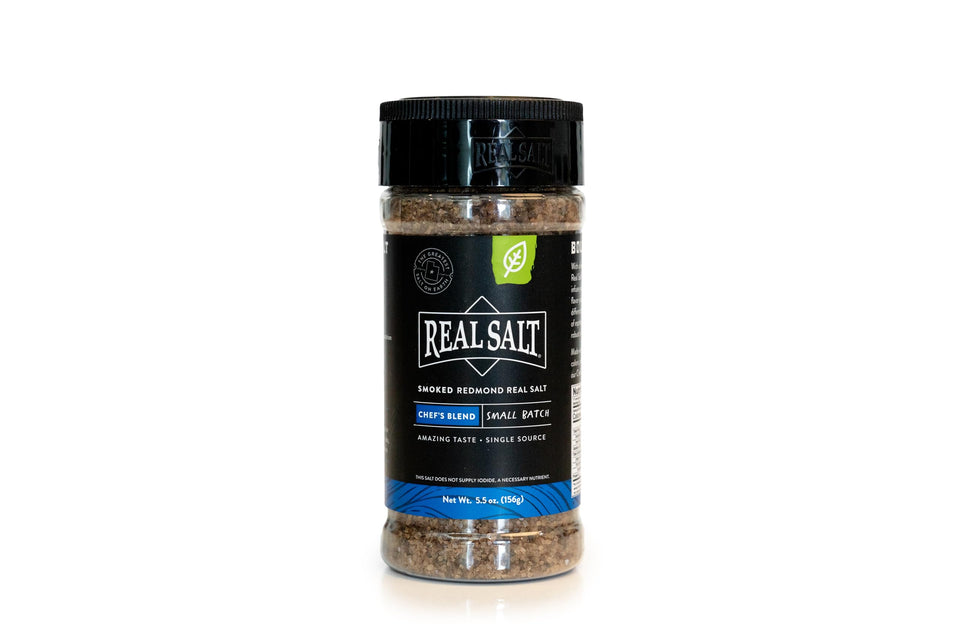 REDMOND Real Salt Smoked Salt bottle shaker enhances meals with smoky depth for grilling and roasting.