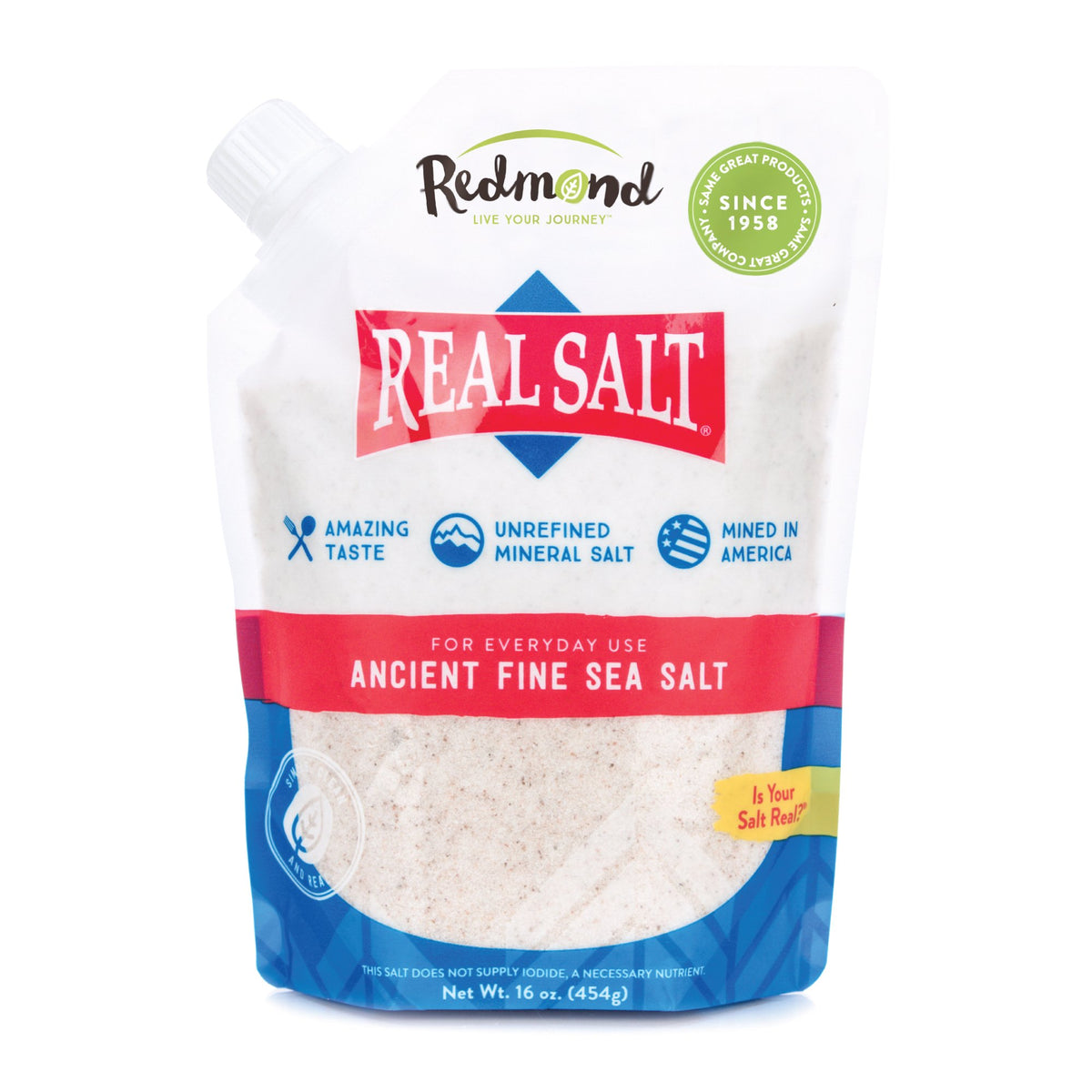 Redmond Real Salt two-pack 16 oz pouches for convenient, unrefined seasoning.