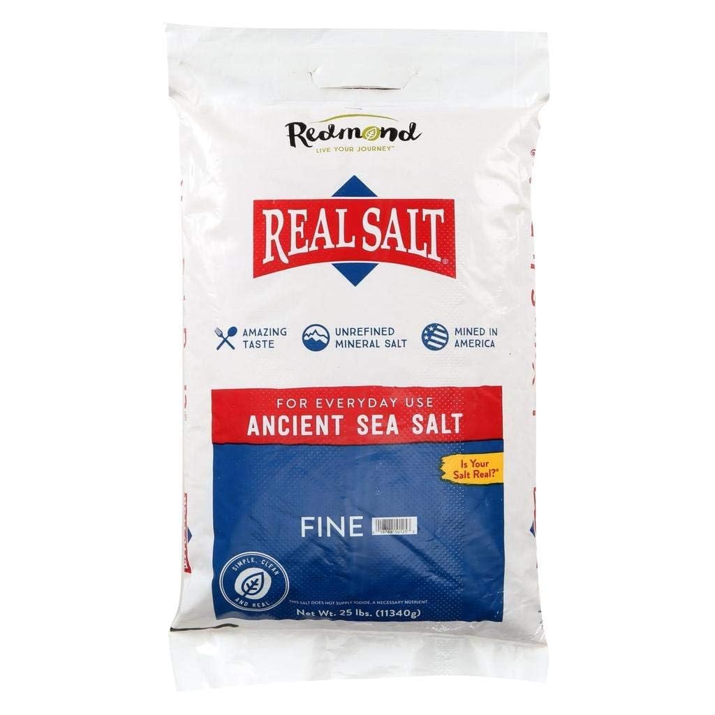 Redmond Real Salt bag front view showing natural, unrefined sea salt for cooking.