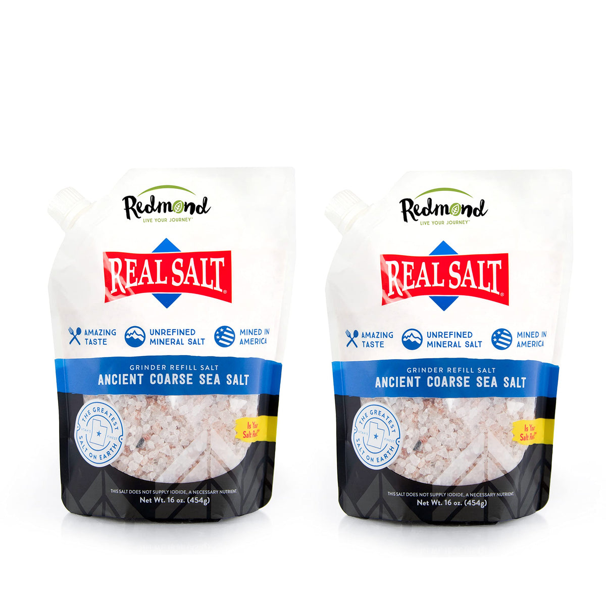 Redmond Real Sea Salt coarse crystals in a 2-pack bag for seasoning