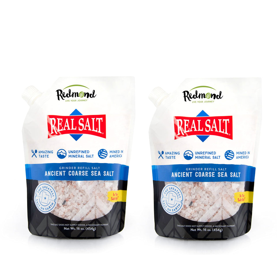Redmond Real Sea Salt coarse crystals in a 2-pack bag for seasoning