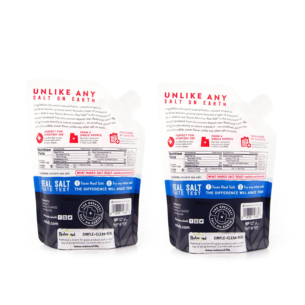 Redmond Real Sea Salt gluten free unrefined packaging in a 2-pack