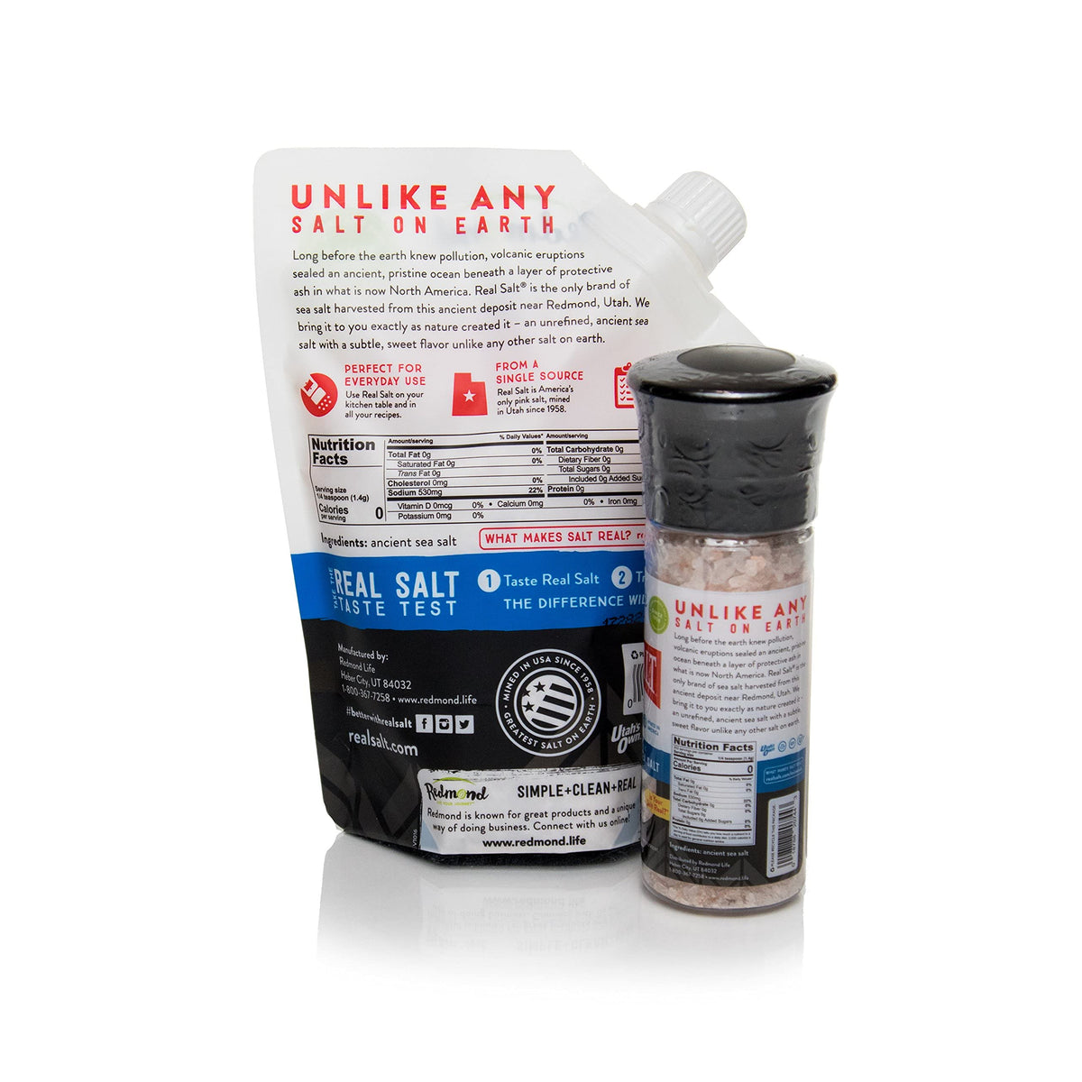 Redmond Real Sea Salt grinder shows coarse grind ideal for finishing dishes.