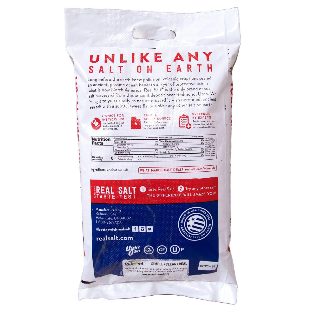 Redmond Real Salt refill pouch for easy kitchen storage and travel.