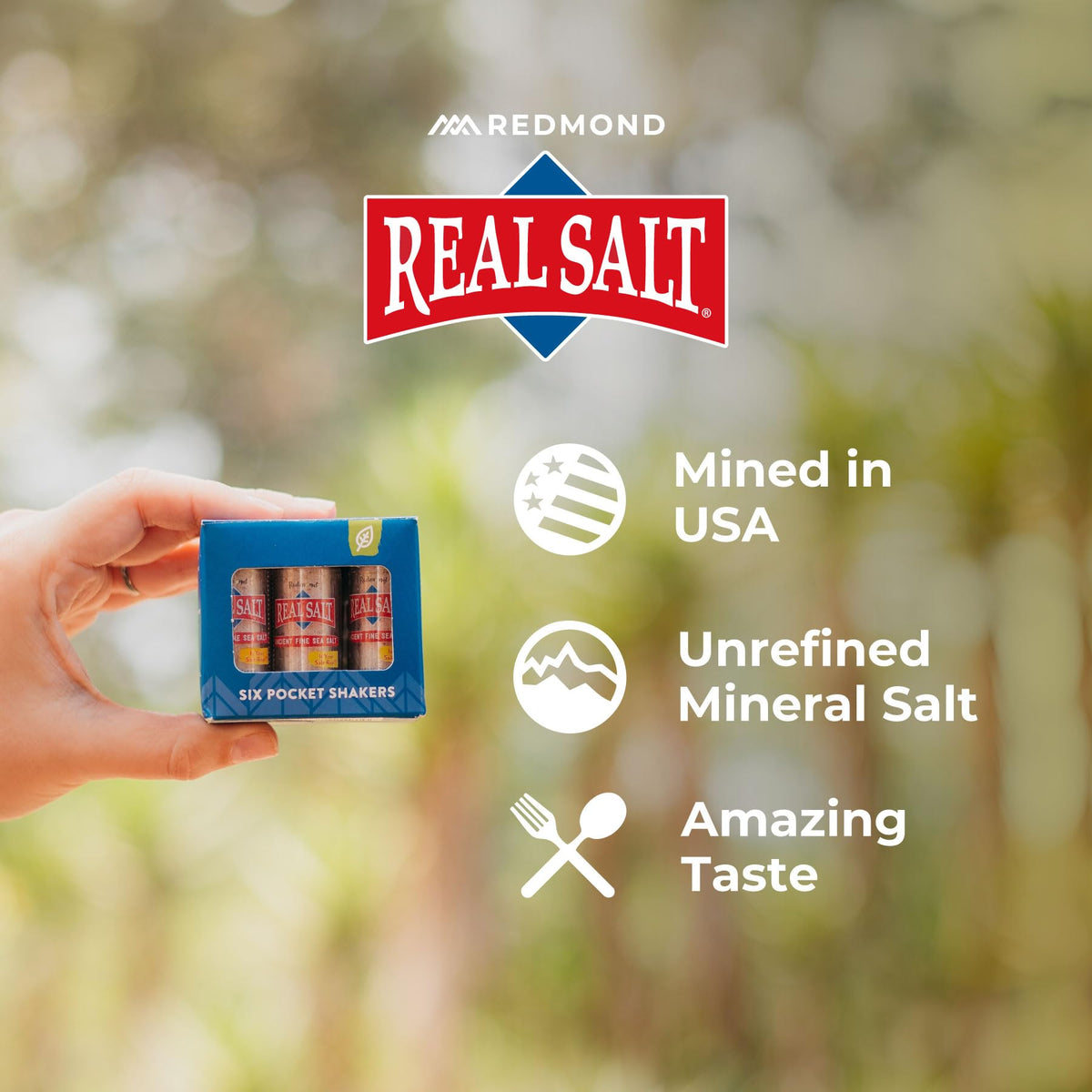 Travel-ready Real Sea Salt shaker in a compact six-pack