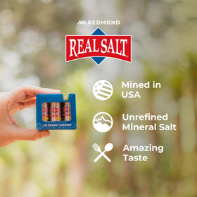 Travel-ready Real Sea Salt shaker in a compact six-pack