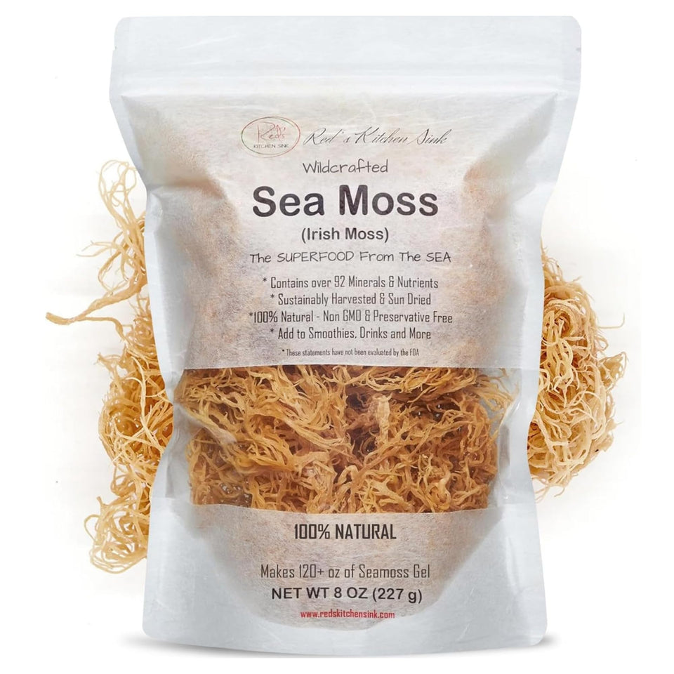 Red's Kitchen Sink gold sea moss from St. Lucia in an 8 oz bag for easy daily gel.