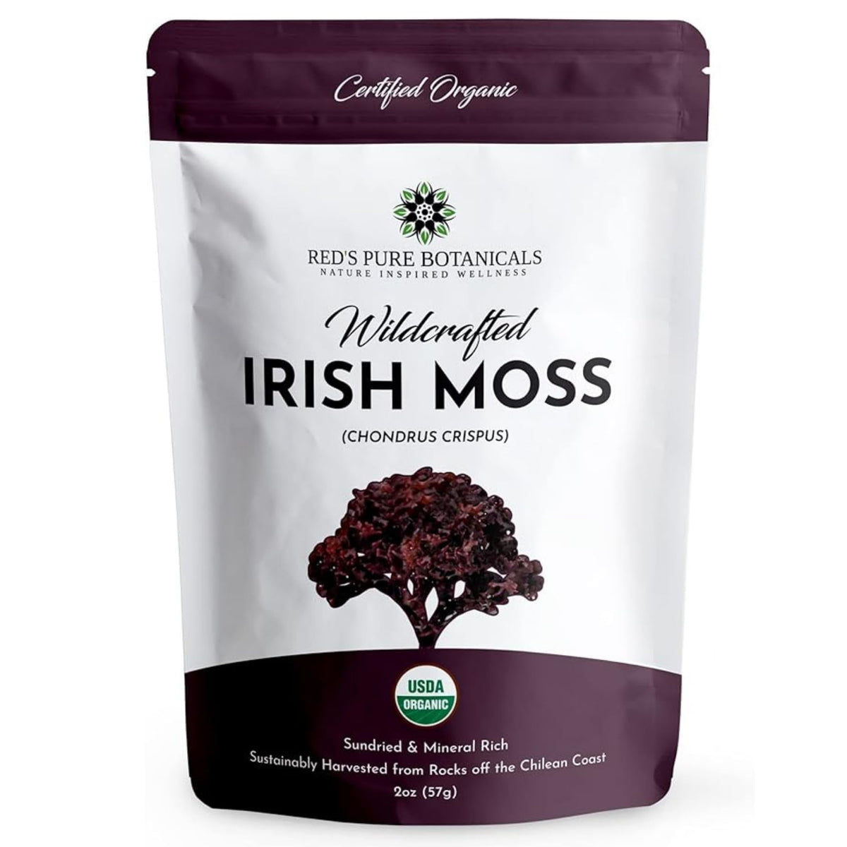 Red's Pure Botanicals purple sea moss bag highlighting mineral-rich nutrition