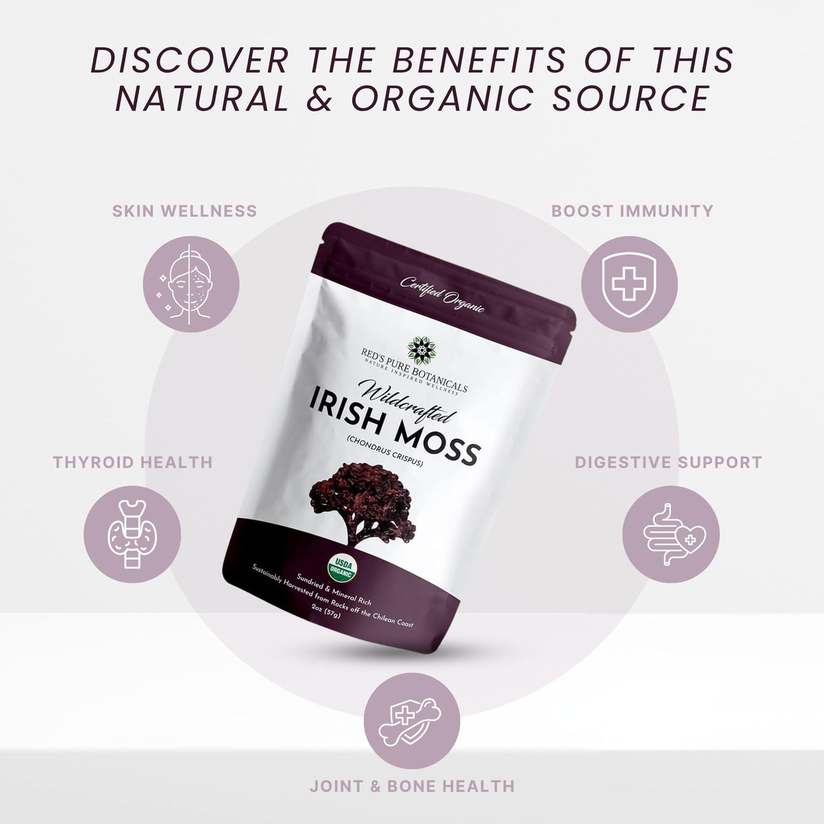 USDA Organic sea moss label from Red's Pure Botanicals signaling clean sourcing