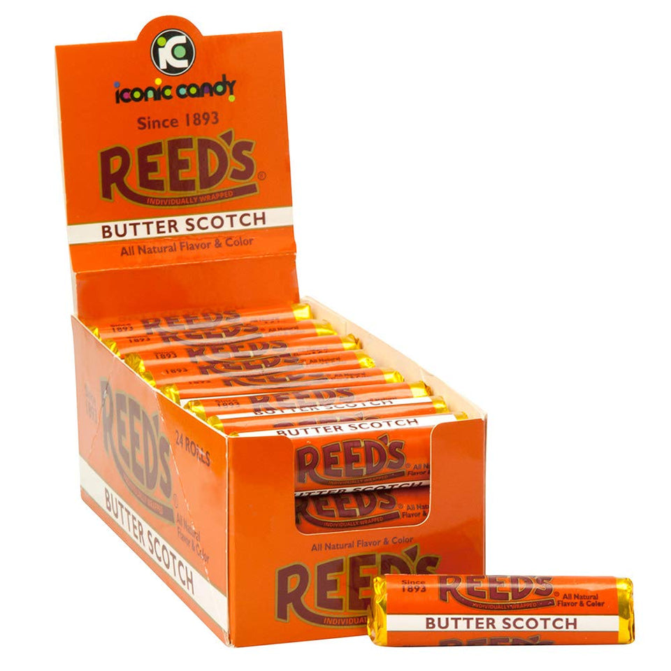 Reed's Butterscotch Candy Rolls box display, 24-count, ideal for gatherings and desk snacking.
