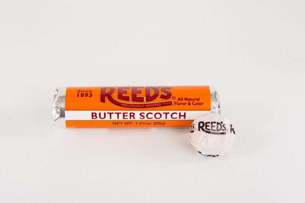Reed's Butterscotch Candy Rolls inside pack showing seven wrapped pieces per roll for mess-free sharing.