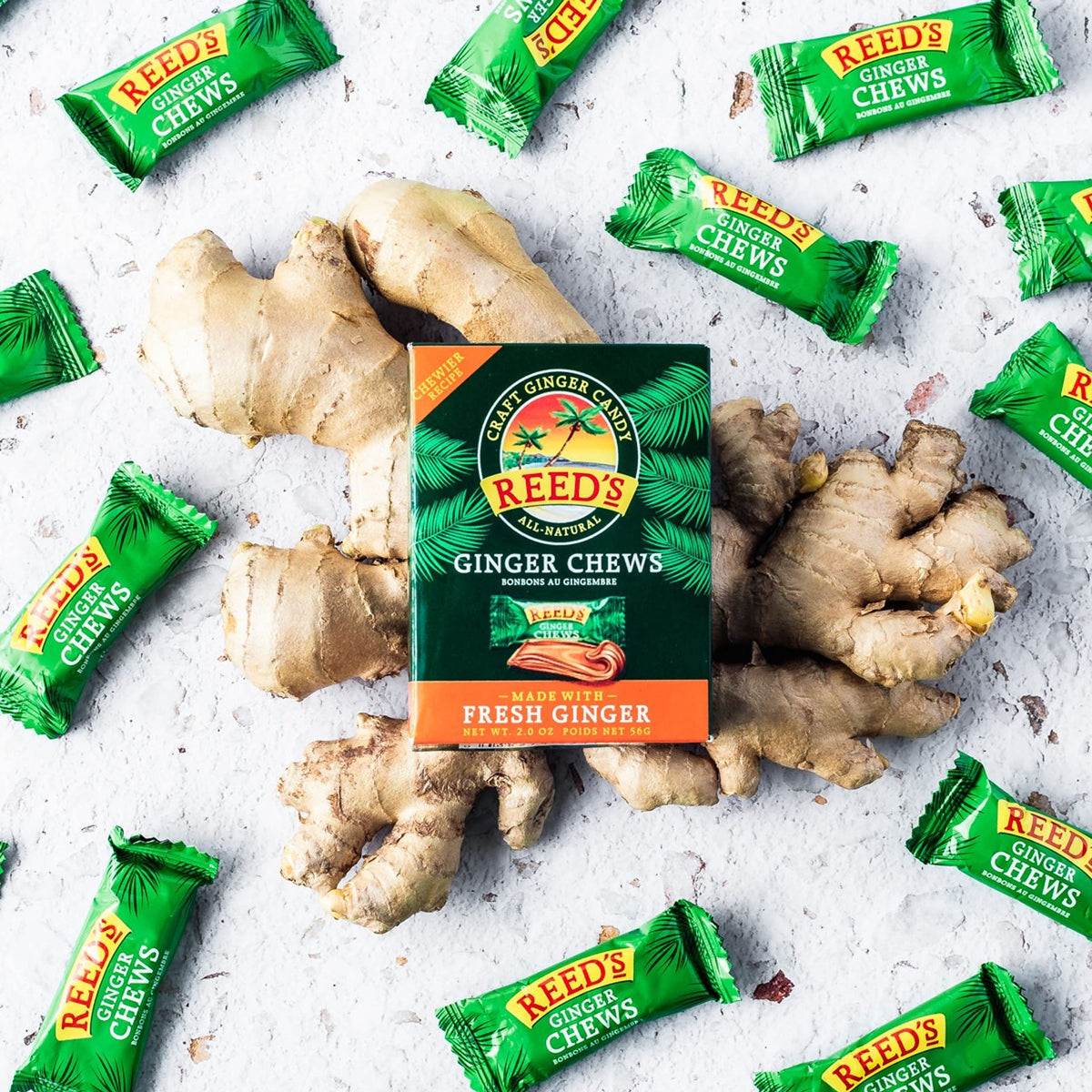 Reed's Ginger Chews three-ingredient recipe highlighting gluten-free, non-GMO snacking.