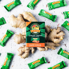 Reed's Ginger Chews three-ingredient recipe highlighting gluten-free, non-GMO snacking.