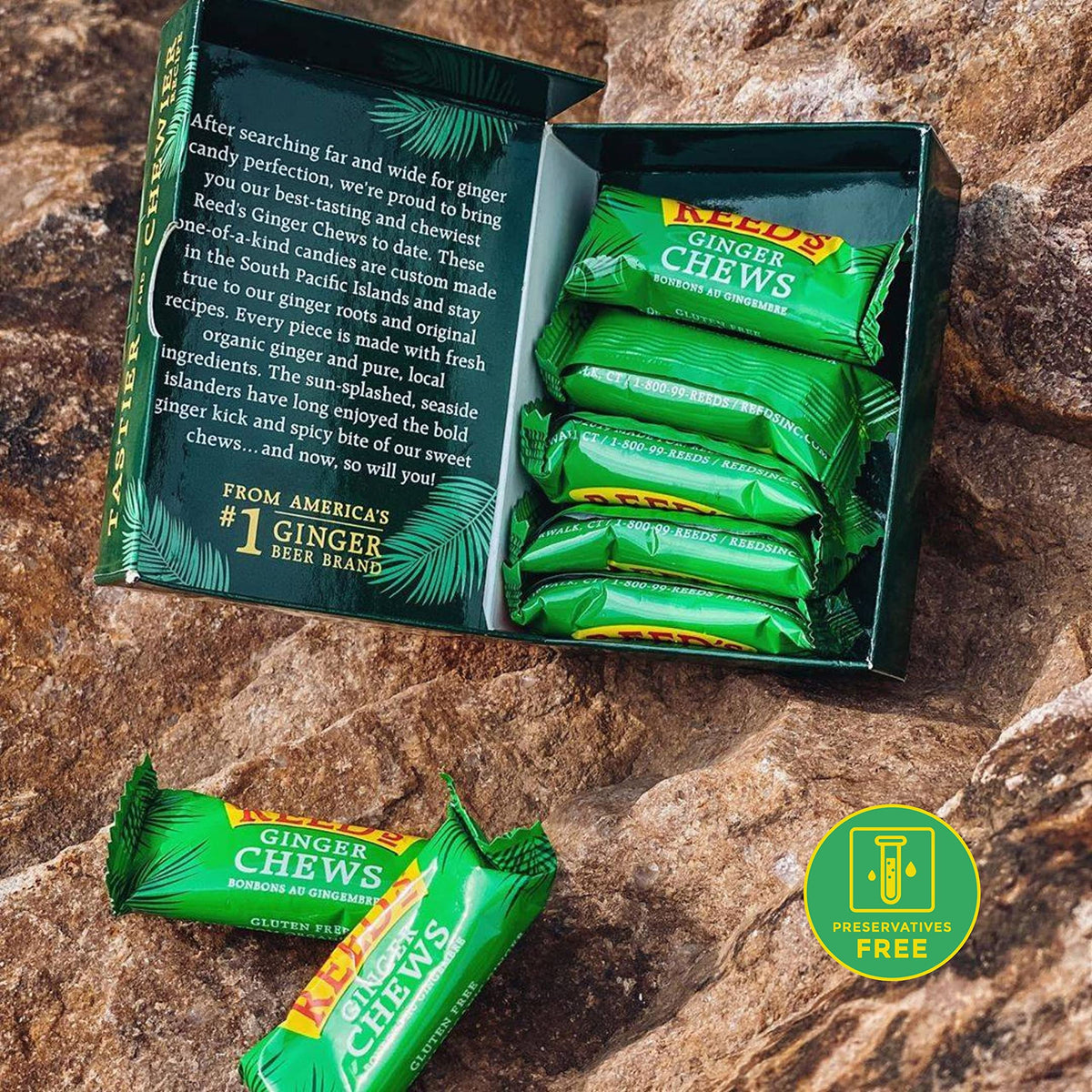 Reed's Ginger Chews gluten-free, vegan candy with warm, sweet-spicy taste.