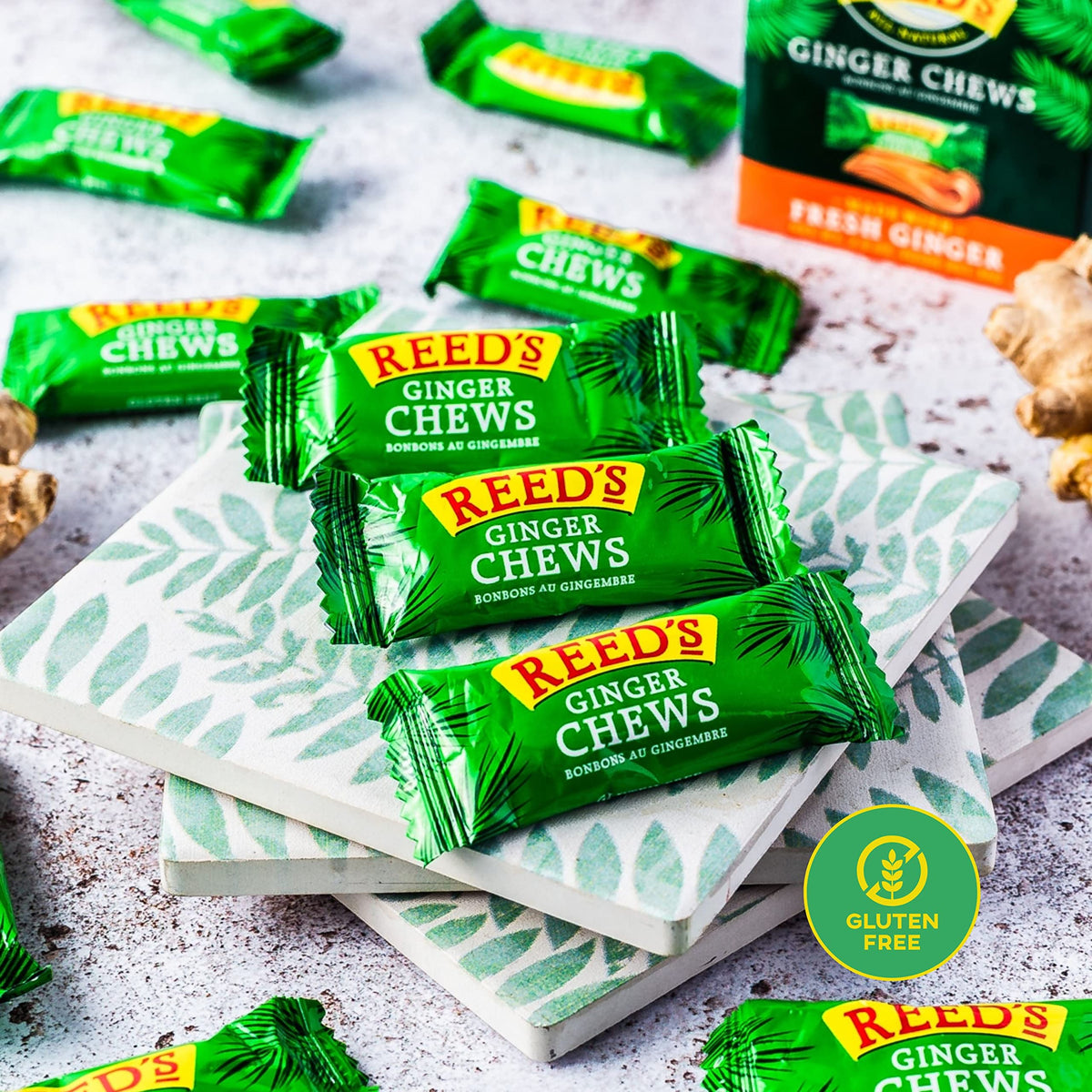 Reed's Ginger Chews vegan snack in travel-ready packaging for easy snacking.