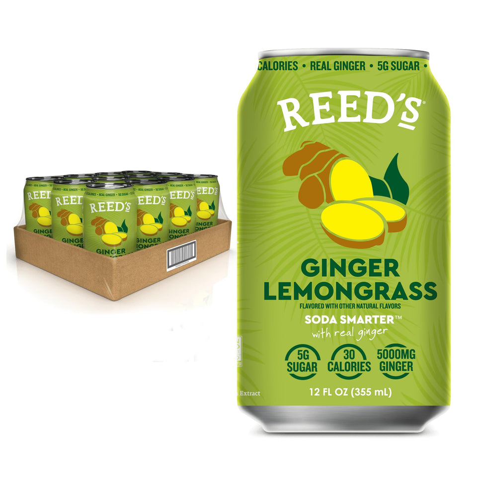 Reed's Ginger Lemongrass soda can front view highlighting bold flavor.