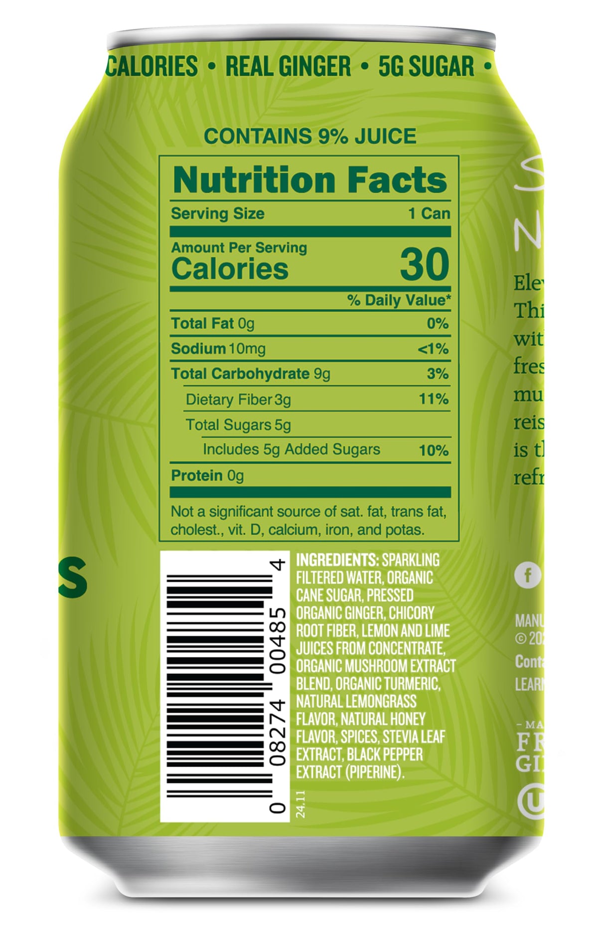 Reed's Ginger Lemongrass bottle side shot showcases organic ingredients.