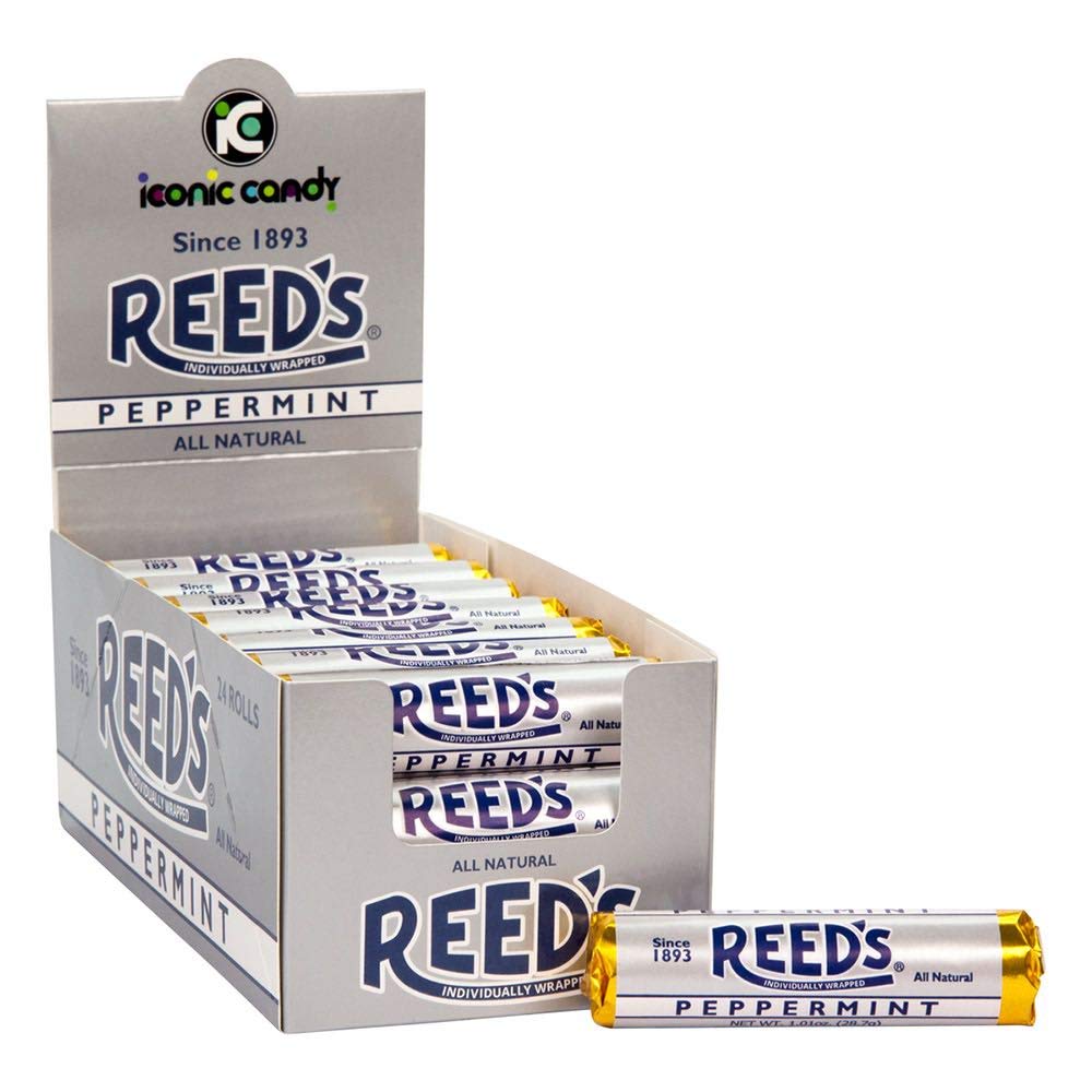 Reed’s Peppermint Candy Rolls box-front showing the 24-count packaging for home and office snacking.
