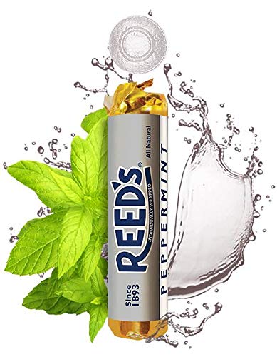 Close-up of Reed’s wrapper logo on peppermint candy roll wrappers indicating classic quality.