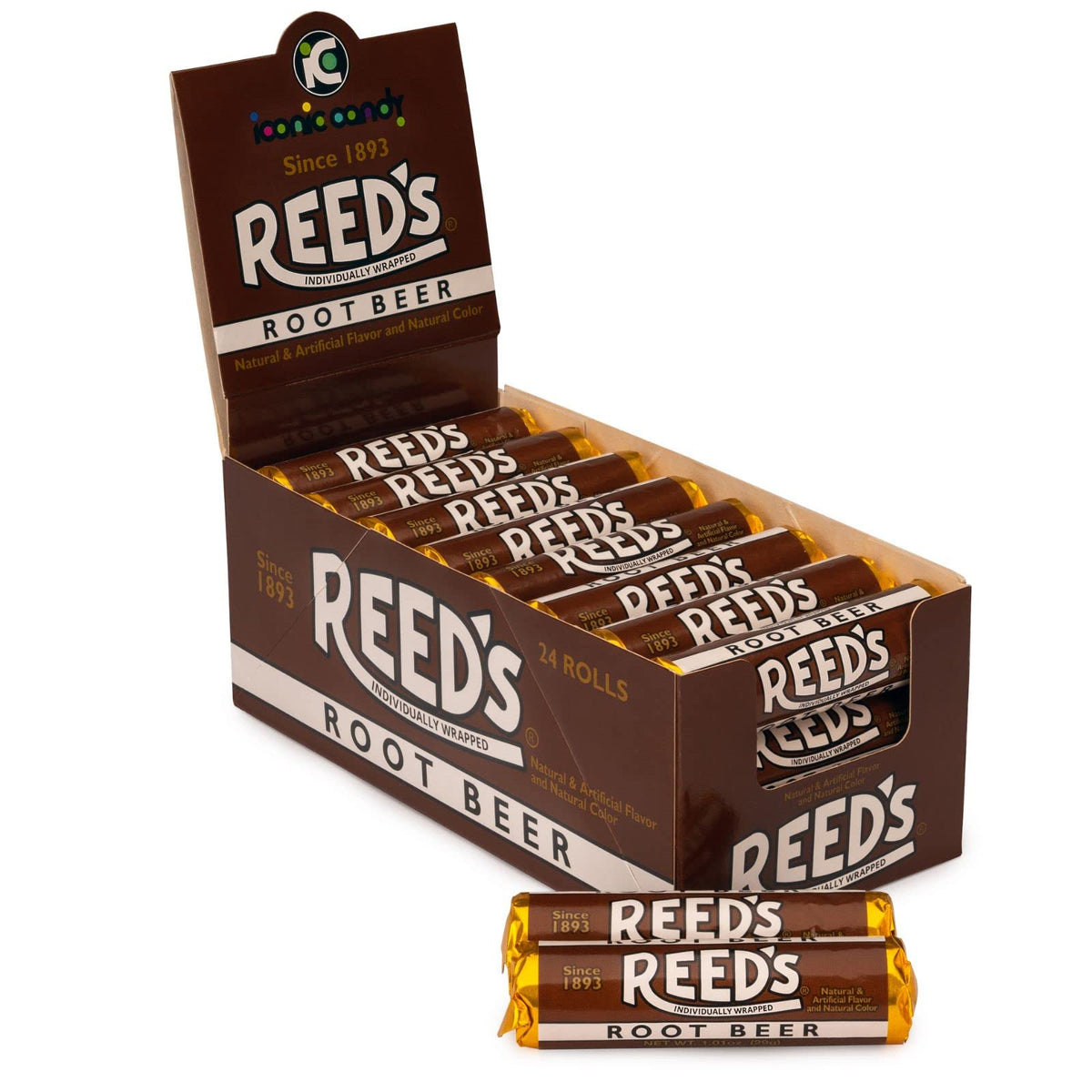 Reed's Root Beer Candy Rolls box front, a nostalgic treat to share.