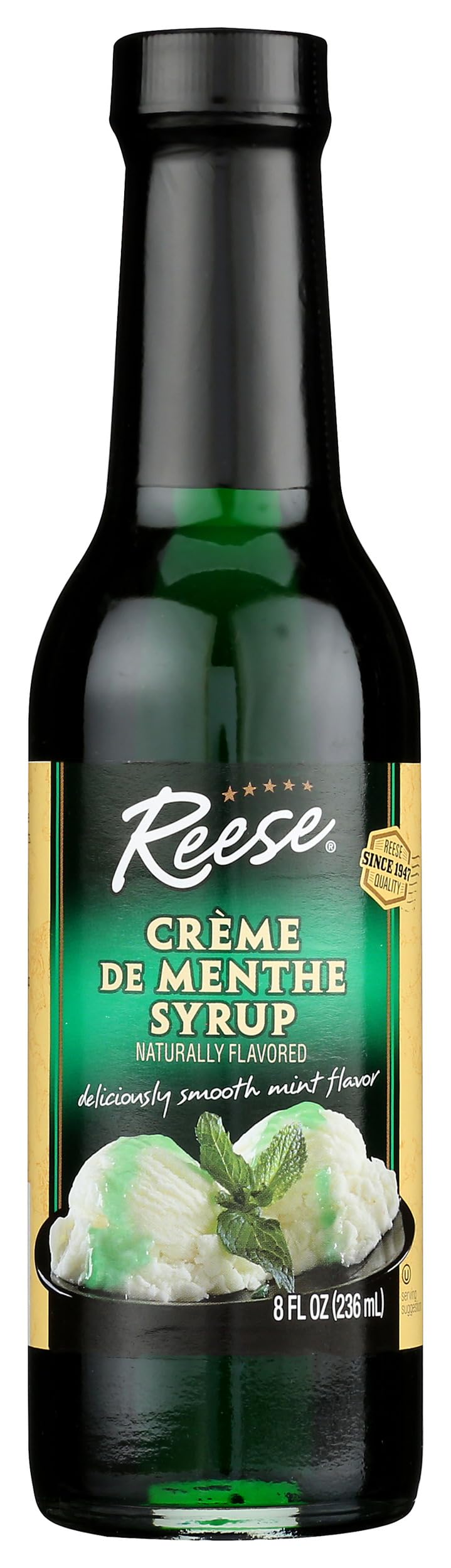 Reese creme de menthe syrup bottle pouring to flavor drinks.