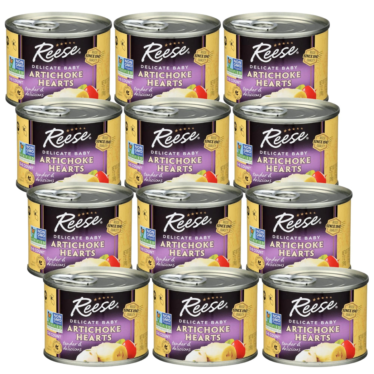 Reese Delicate Baby Artichoke Hearts jar shown, ready to elevate salads and dips.