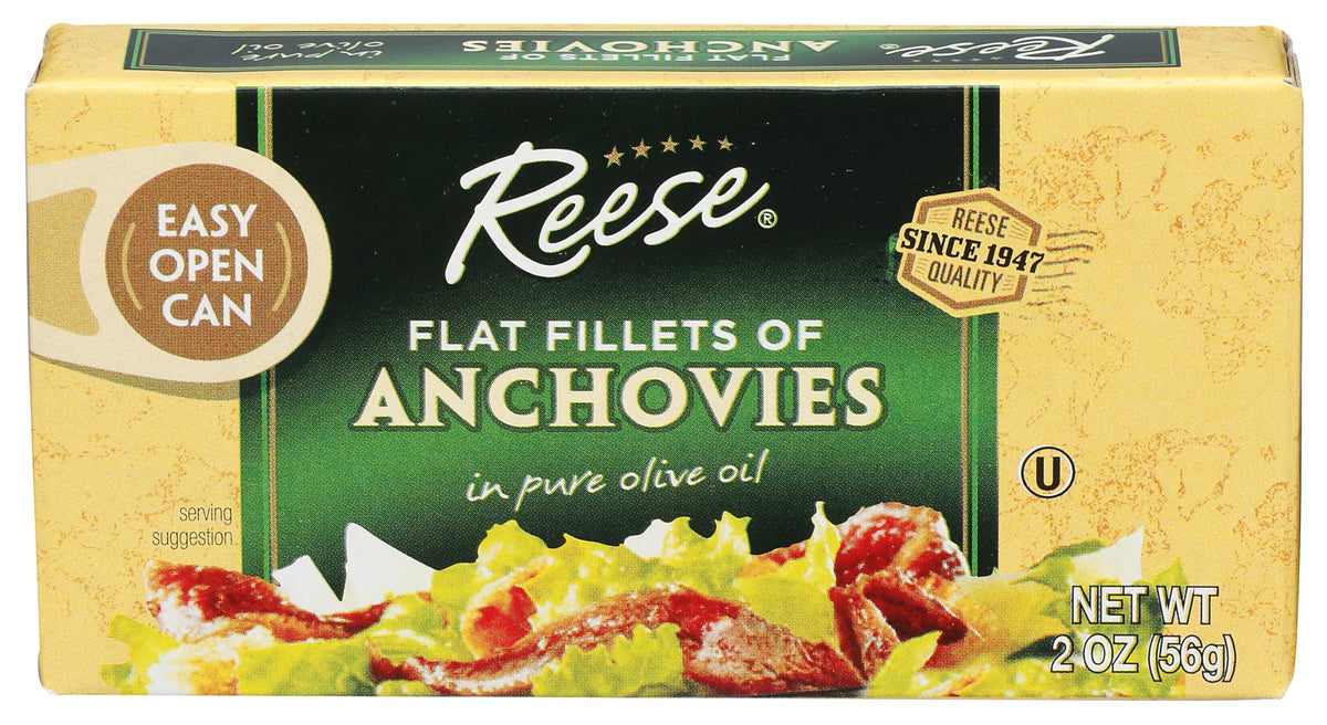 Reese flat fillets of anchovies in olive oil tin for quick flavor boost.