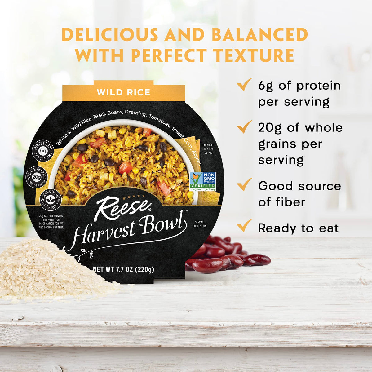 Reese Harvest Bowl ingredients displayed: black beans, tomatoes, and corn for a colorful bowl.